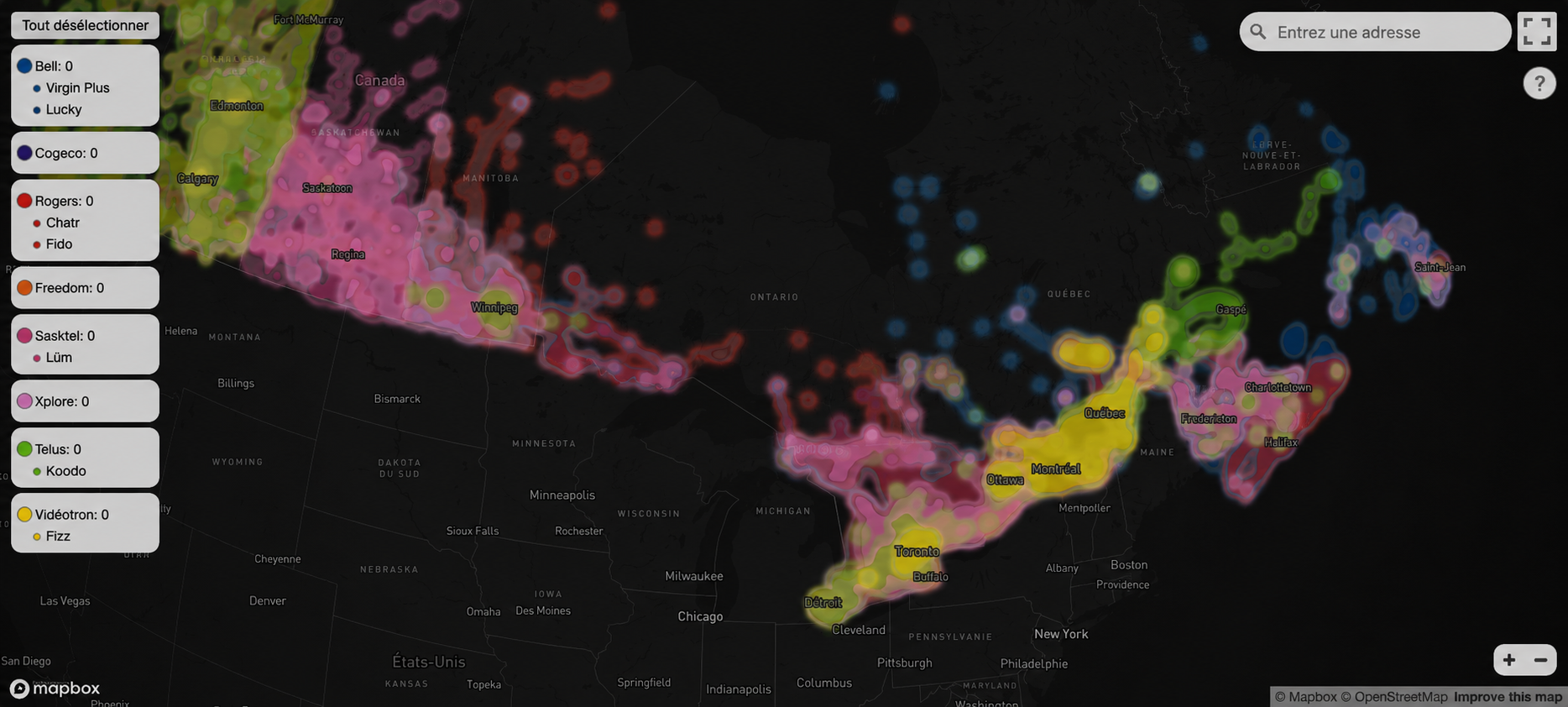 Cartes de couvertures réseaux et tours cellulaires au Canada